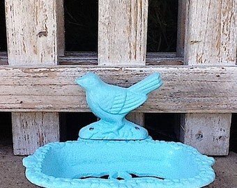 Bird Business Card Holder Rustic -Cottage Home -Cast Iron-Sea Bliss Light Bleu Blue- Aqua- Metal-Soap Dish-Malibu Cottage-Distressed
