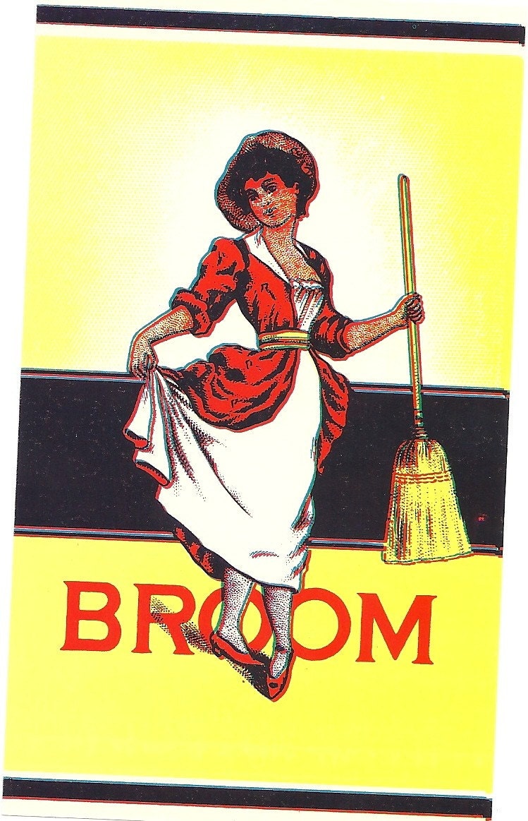 Prim and Proper Woman Vintage Broom Label 1930's
