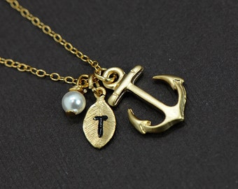 Gold Anchor Necklace - Personalized Anchor Necklace with Initial Hand Stamped Leaf, Nautical Theme, Best Friend Gift Idea, Vintage Inspired