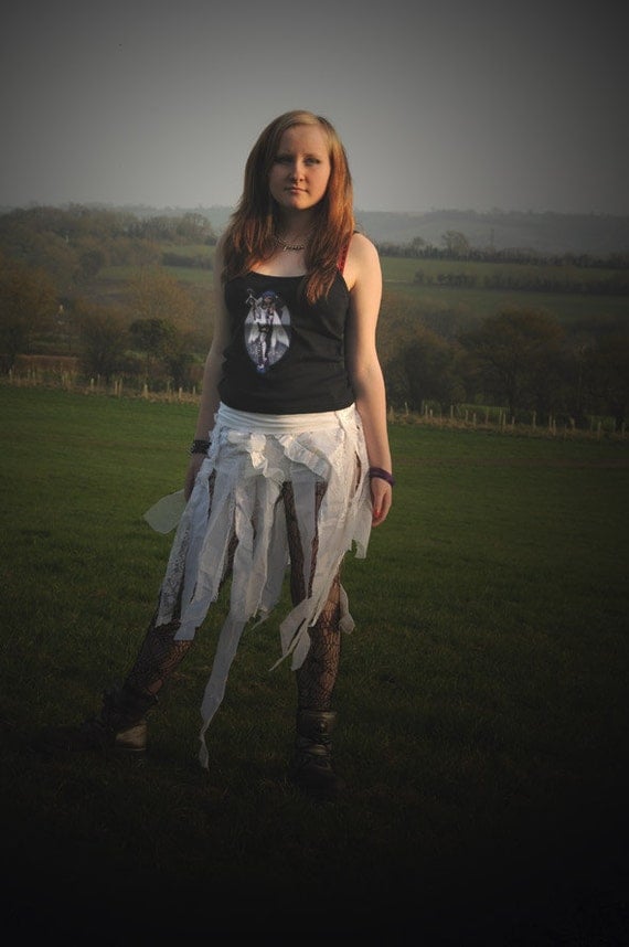 Fairy wraparound skirt, festival clothing, belly dancing skirt, tattered white swan costume, snowdrop fairy costume Size small steampunk buy now online