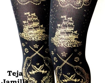 Pirate Tights Narwhal Tattoo Large Gold on Black Womens L Tattoo Sailor Octopus Squid Ocean Nautical Lolita