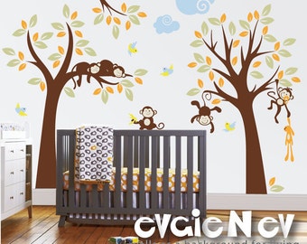 Wall Decals for Kids - Monkey Nursery Wall Decals - Trees with Branch, Monkeys and Birds Wall Stickers - PLMG040