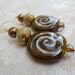Kazuri Ceramic Bead drop earrings -14kt gold painted Brown & Green - 14K GF handmade swirly earwires - Bronze Pearls - Kenya - African