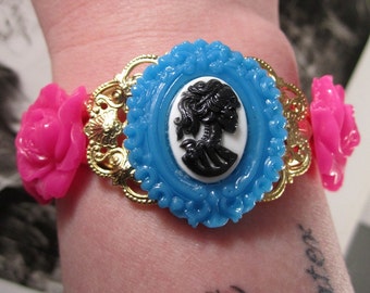 Gothic Lolita Cameo Gold-Plated Cuff Bracelet with Hot Pink Roses