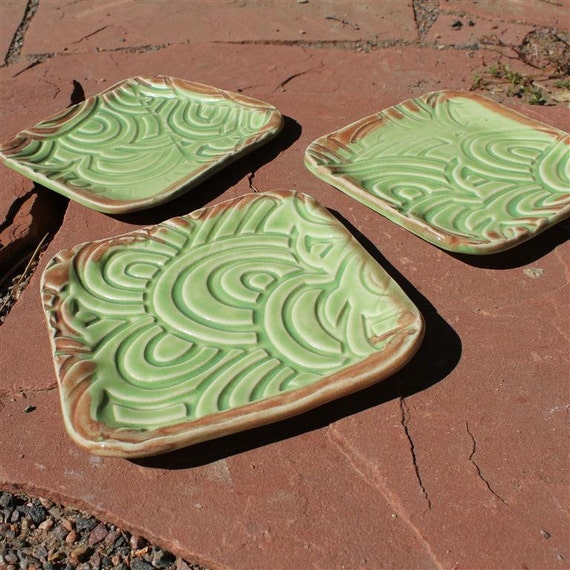 Trio of Textured Square Plates in Pale Green by MountainMudBabies