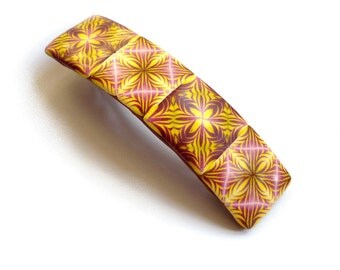 Hair barrette, hair clip in Summer colors, polymer clay, French Hair clip, handmade dercor, kaleidoscope canne, in Yellow Burgundy red Pink