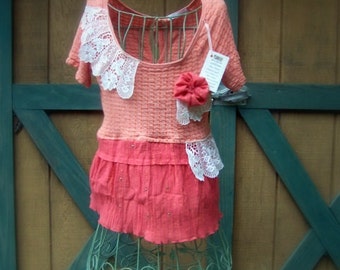 Peach and Ivory Tattered Refashioned Top Ruffles Vintage Lace Fiber Art Upcycled Funky and Romantic SIZE MED