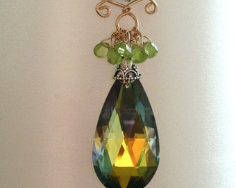 Crystal and Peridot pendant necklace, gold green crystal large tear drop, Peridot and Citrine, Gold Fill Sterling Silver wirework jewelry