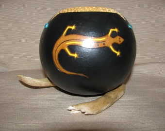 Lizard Gourd Art , Lizard Totem , Animal Totem , Totem Art , Gourd Bowl , Pyrography Art , Filigree Carved Bowl , Home Decor , Handmade Art