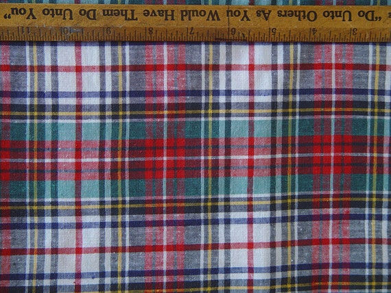 Vintage Cotton Fabric Woven Tartan Plaid Shirting Red Blue