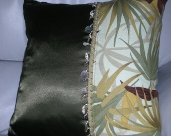 Tropical Pillow - Beach Pillow - Seashell Pillow - Green Pillow - 15 x 15 Inch Reversible - Palm Beach Decorative Pillow with Seashell Trim