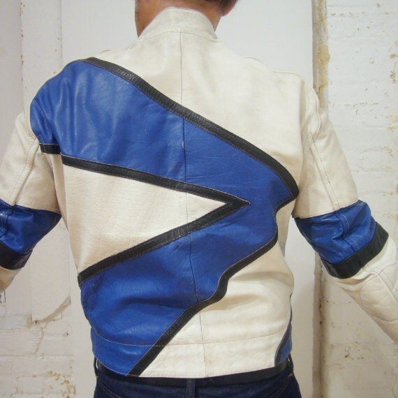 White Blue Leather Jacket Vintage 80s Motorcycle Street Motorcycle Jacket Street Racer Lightning Bolt Pro Sport Leathers Cafe Zoom