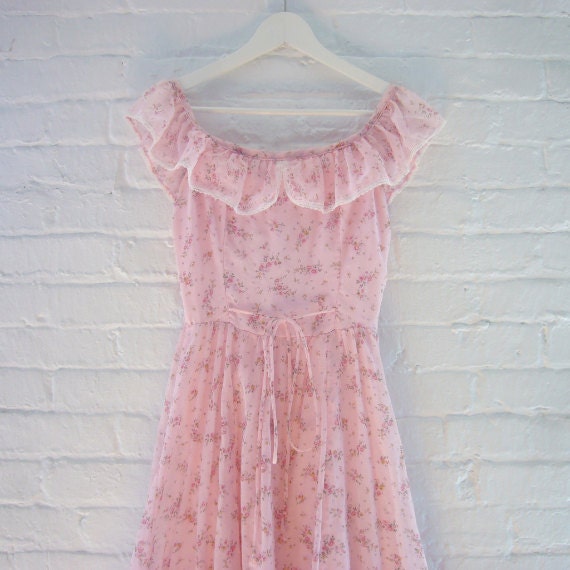 70s Prom Dress Vintage Pink Floral Dress Small Spring Fashion