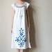 Mexican Embroidered Dress, 70s blue & white floral midi length peasant tunic, crochet trim boho hippie pullover beach cover