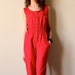 Red 80s Cotton Jumpsuit - vintage mechanic style cropped ankle pants New Wave sleeveless one piece overalls, cherry candy apple crimson