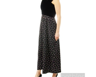 1950s Evening Dress and Crop Jacket in Black, Pink and White Print with Black Velvet Vintage 50s Formal Dress Gown and Jacket