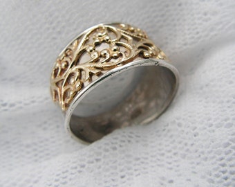 Lace ring, silver gold ring. Floral gold ring. Lace gold ring. Sterling silver ring. Wide gold ring. gold silver ring (gsr-7077-979A+B).