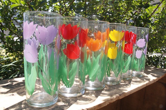 Vintage Spring Tulip Iced Tea Glasses, Set of 6 (E32)