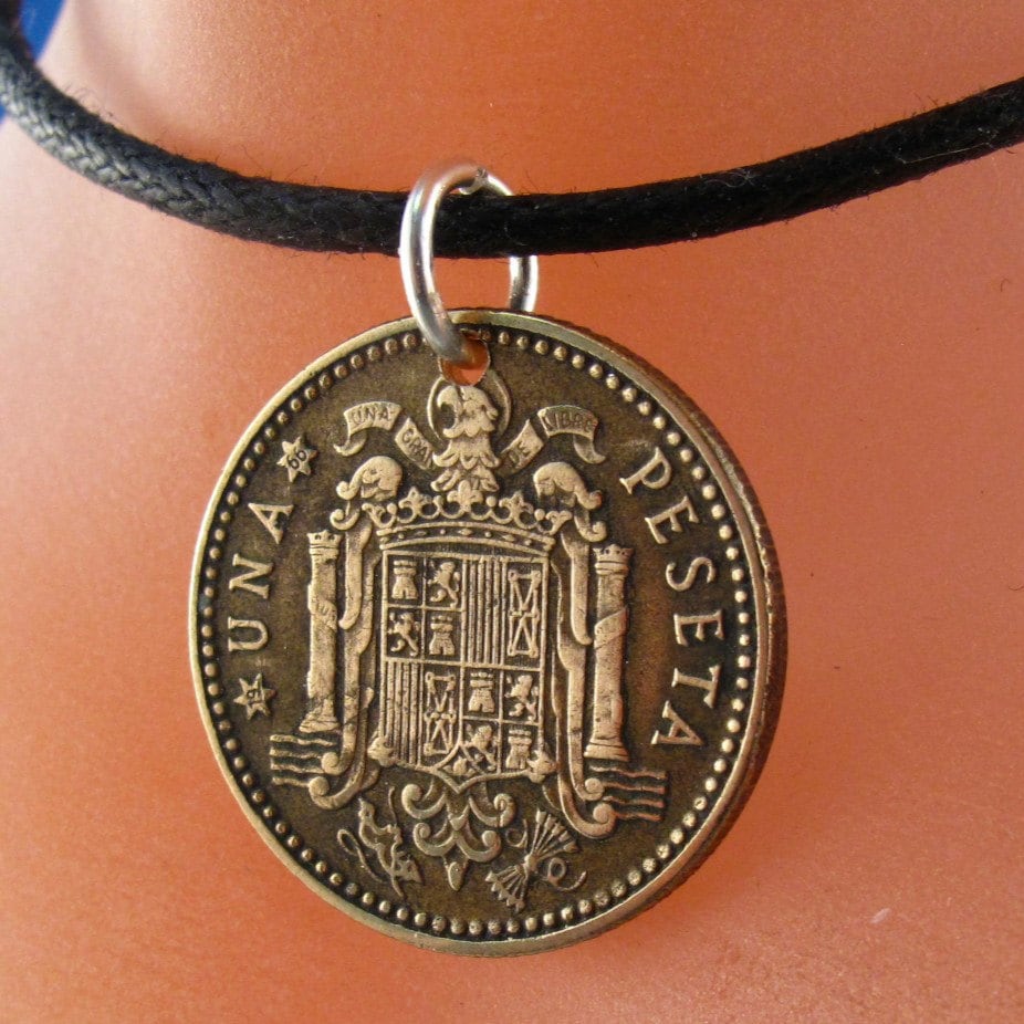 SPANISH COIN NECKLACE. spain coin jewelry. una 1 peseta coin