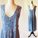 80s Cotton Knit Dress / Blue Floral Print Sleeveless Summer Jumper Dress