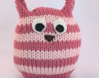 Pink Owl Toy, Stuffed Pink Owl, Pink Striped Handknit Stuffed Owl, Plush Toy