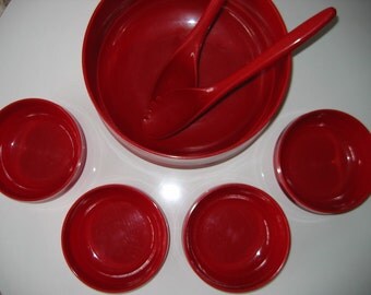 Ingrid Salad Bowls PLUS fork spoon. Vintage 1970 Modern. Mid century. RED Plastic. Mod Panton ERA