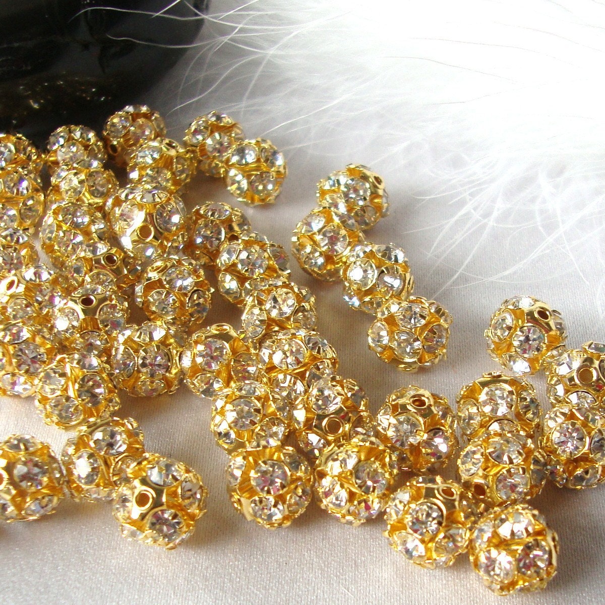10 pc Gold Plated Crystal Rhinestone Disco Ball Spacer Beads