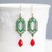 Art Deco Verdigris Earrings Red Drop Geometric Patina Filigree Earrings Rustic Green Filigree Red Teardrop Earrings - E171