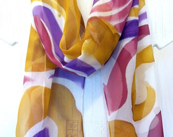 Hand painted silk scarf. Purple MOD Swirl. Silk Chiffon. Silk Shawl. Silk Scarves Takuyo. Made in USA. Approx 13x68 in.
