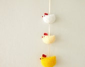 Set of  Three Crochet Amigurumi Chickens Hanging Mobile / Garland / Toys - Yellow, Pale Orange and White - MADE TO ORDER