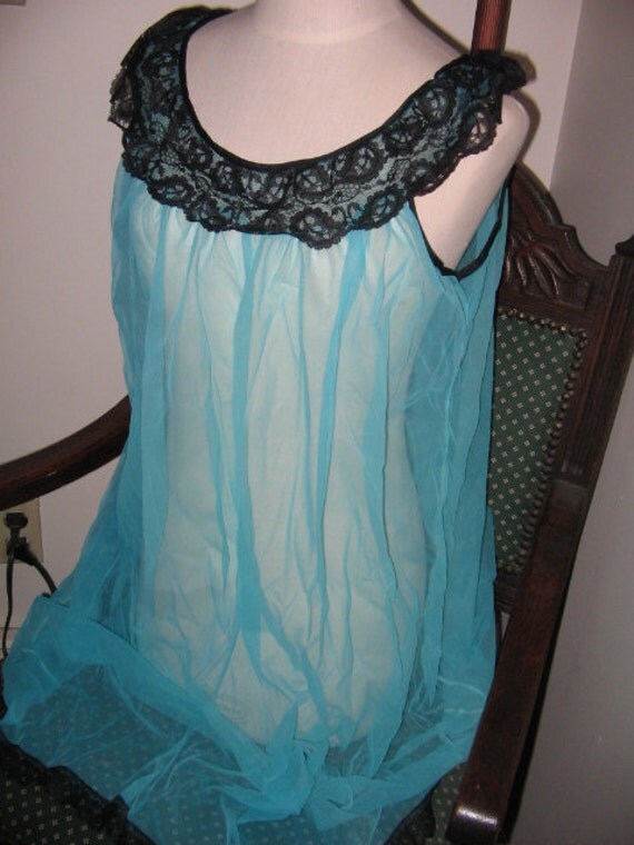 SALE VINTAGE SHEER Nightgown Turquoise Black Lace Retro