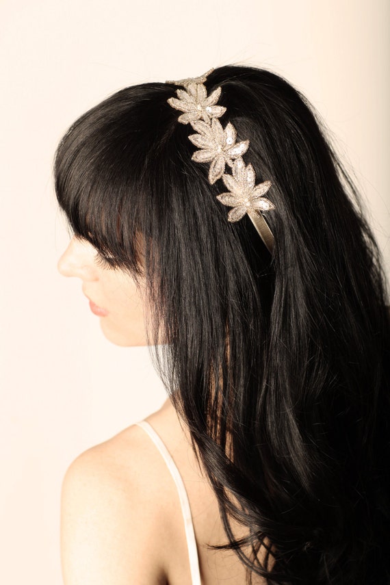 Items similar to Hand Dyed, Beaded Floral Applique w/ Elastic Headband Hair Accessory on Etsy