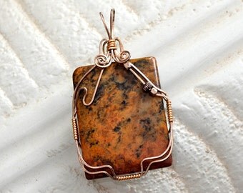 Wire wrapped jasper pendant. Sterling Silver and14K gold filled "fallen leaf"