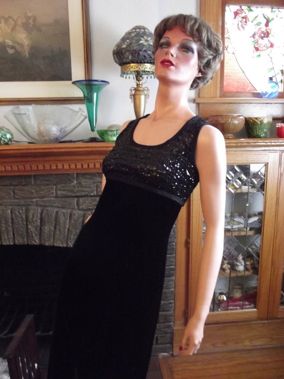 Items similar to Vintage Sequin Gown, Long Black Dress, 60s Long Velvet ...