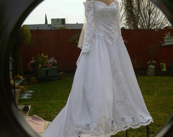 Boned white long sleeves off the shoulder long train wedding dress size 10-12