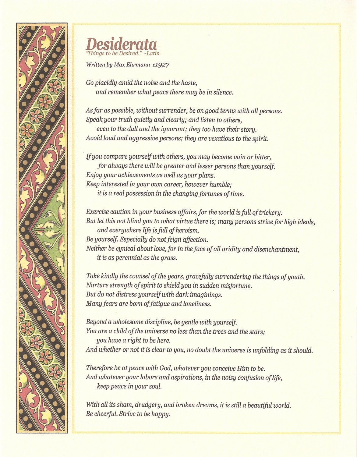 Items Similar To 11 X 8 5 Desiderata Poem Art Print On Etsy