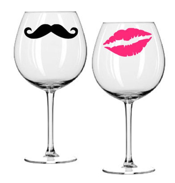 Items similar to Wine Glass Decal Set Kiss and Mustache Hot Pink