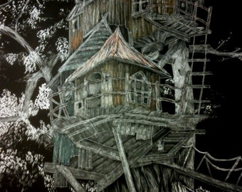 Fairy House Artwork, Whimsical house - Scratchboard Artist Print
