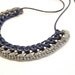 Small Bib, Dark Blue Necklace, Crochet Necklace, Braided Chain Necklace, Gunmetal Chain Grey Yarn Blue Cord