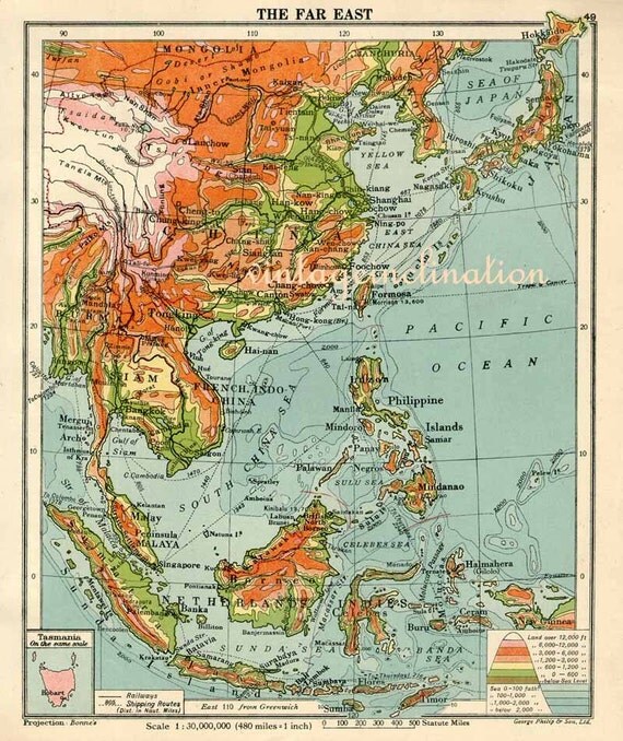 1948 Antique Map of the Far East China Japan and Korea