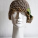 hand knited retro cloche, beige soft wool and acrilic yarn felt leaf decoration ooak beanie woman hat olive green, tan assymetrical
