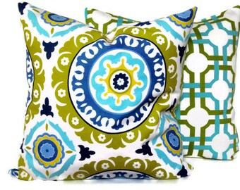Decorative Pillow Accent Pillow Throw Pillow, Pillow Cover Waverly Suzani Azure Blue18x18 20x20 22x22 14x20 Lumbar Pillow Gold-Chartreuse