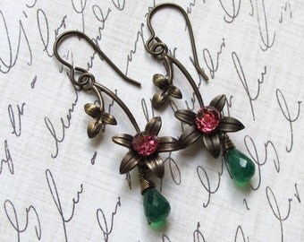 Brass Flower Earrings, Vintaj Earrings, Swarovski Earrings, Green Onyx Earrings, Flower Earrings, Pink Earrings, Dangle Earrings
