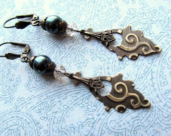 Blue Pearl Earrings, Vintaj Brass, Swarovski Earrings, Pearl Earrings, Downton Abbey, Victorian Earrings, Edwardian Earrings, Blue Earrings