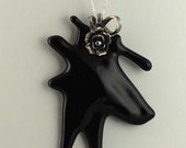 Black Fused Glass Free Form Pendant with Sterling Silver Flower