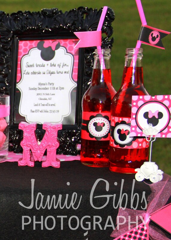 Minnie Mouse - BOTTLE Labels - Party Printables - Girls Birthday Party - Pink and Black Minnie Party- Krown Kreations - INSTANT Download Il_570xn