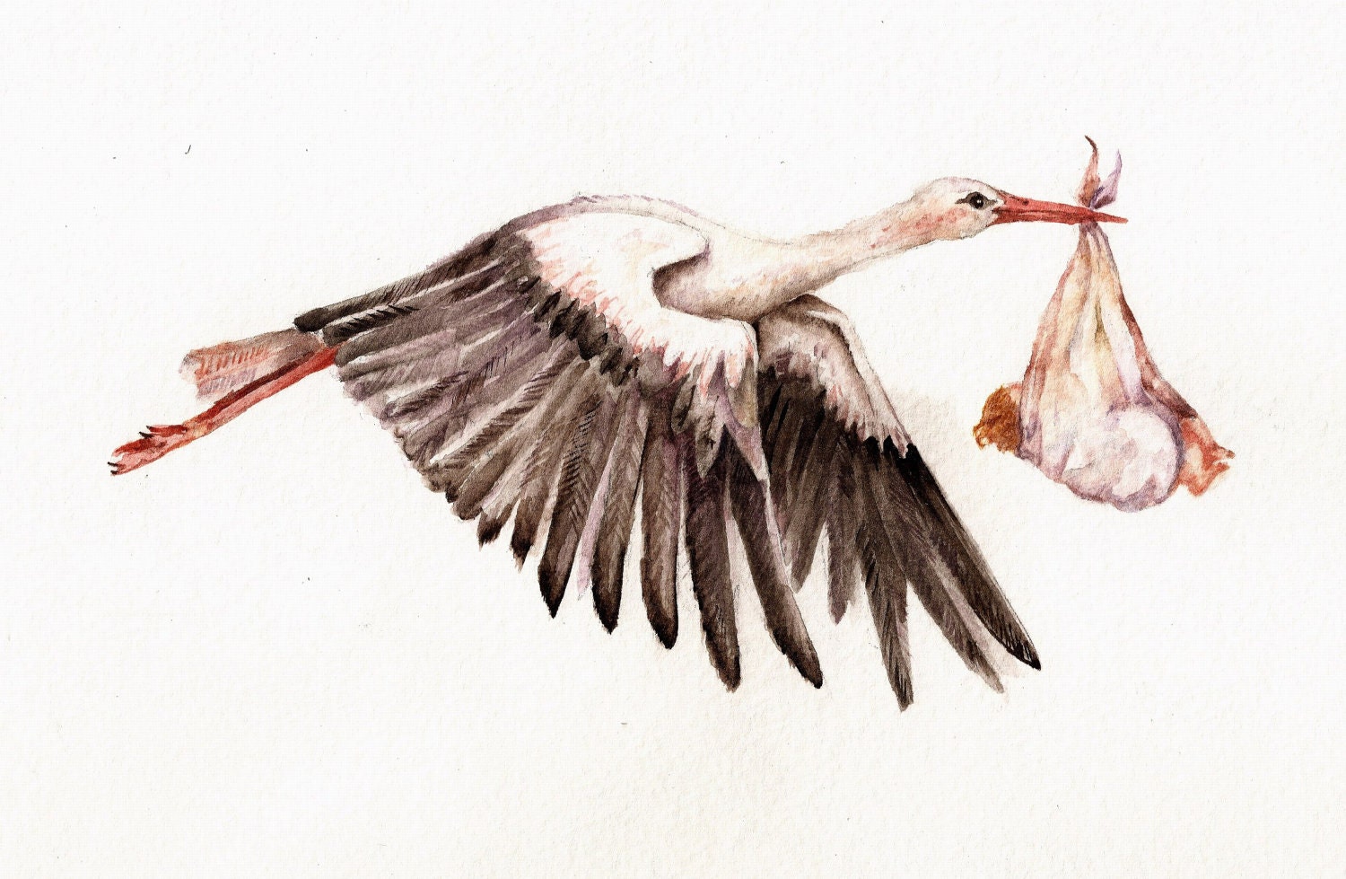 Baby on Bird Original Watercolor of white stork carrying a