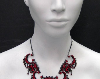 Pandora's Box - Red Swarovski Crystal black pearl metal Necklace 6672