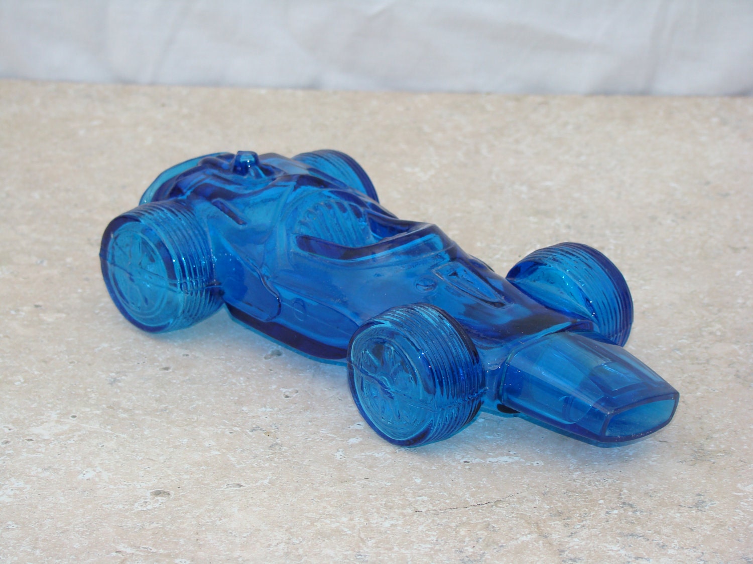 Avon Car Bottle / Race Car / Bright Blue Glass Bottle