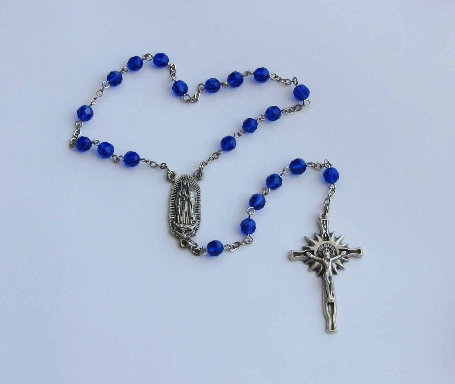 Our Lady of Guadalupe Chaplet in Blue Czech Glass